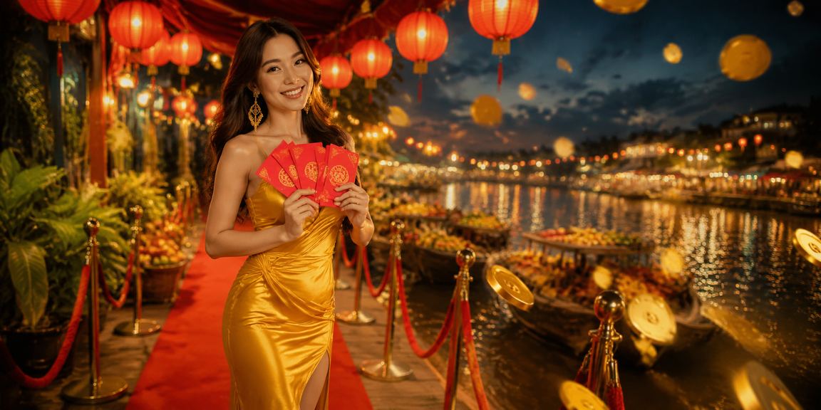 Chợ đêm Mekong minh họa phong bao mùa lễ hội trên nền tảng giải trí